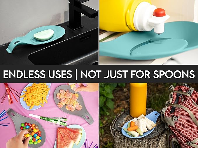 Silicone Spoon Rest for Stove Top Set of 3 – HEAT RESISTANT DISHWASHER SAFE Kitchen Utensil Holder for LARGE Utensils - Won’t Break - Non-Slip - Ideal for Glass & Induction Cooktops - for Home Cooks