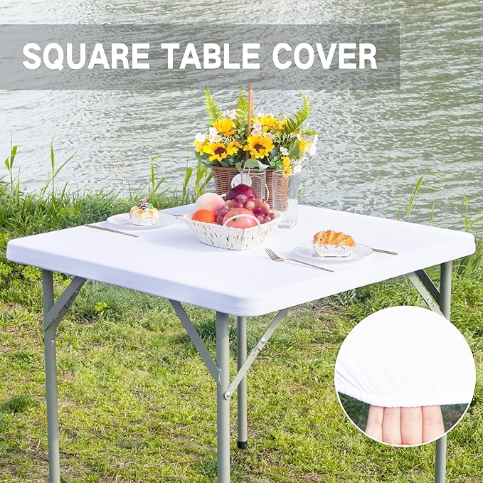 Square Fitted Table Cover Elastic Tablecloth Stretch Spandex Table Top Cover Table Topper Cap for Dining Kitchen Home Party White 34X34 Inch