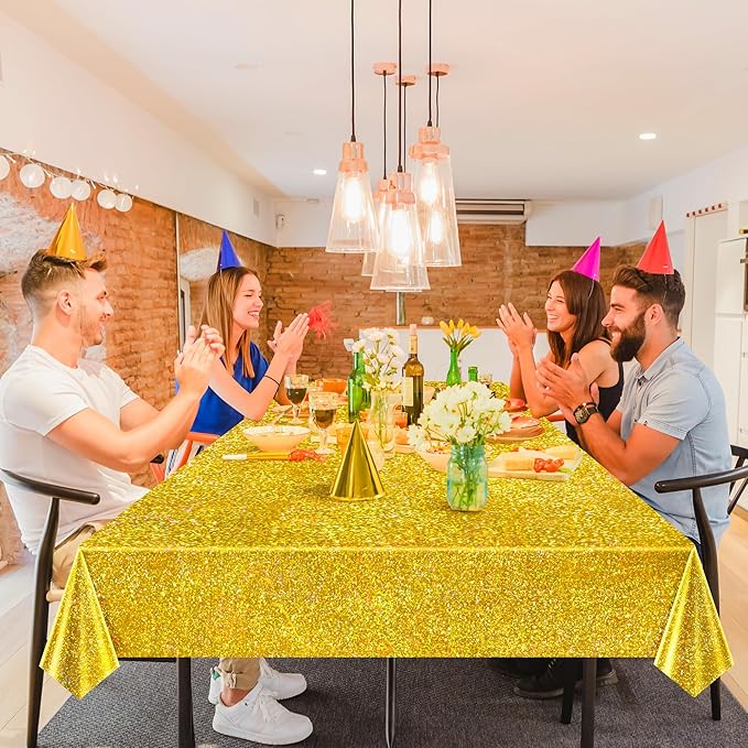Just Shimmer Sparkling Pink & Gold Holographic Laser Tablecloth - Shimmering, Waterproof, Easy to Clean - Ideal for Bachelorette, Birthday, Wedding, and Anniversary Party Decorations