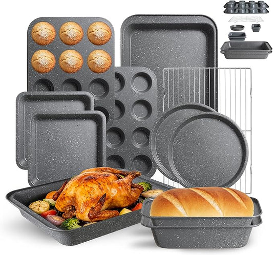 11-Piece Nonstick Baking Pans Set - Professional Grade Carbon Steel Bakeware with Premium Coating- Dishwasher Safe, Stackable, Oven Safe to 450°F (Steel Gray)