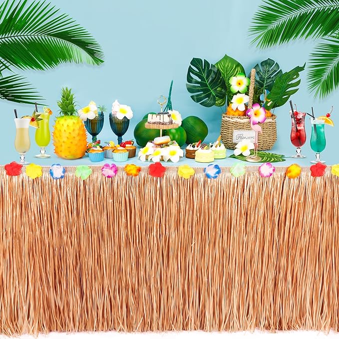 4PCS Hawaiian Table Skirt Decor, Yellow Luau Themed Grass Table Skirt Party Decorations, 108 X 29.5" Flower Tropical Hula Dance Parties Supplies, Table Skirt Bulk for Summer Beach Themed Activities