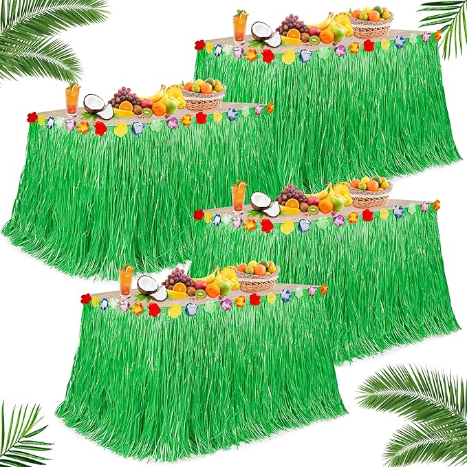 Luau Party Table Skirt Decorations, 4PCS Green Hawaiian Themed Table Skirt Bulk, Indoor Outdoor 108 X 29.5" Grass Table Skirt Party Decor, Hula Dance Table Skirt for Summer Beach Themed Activities