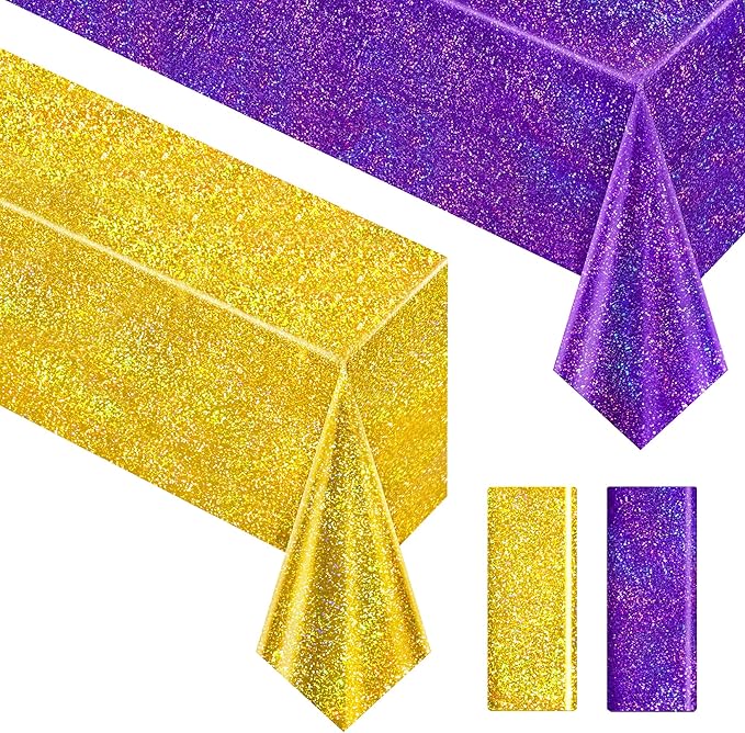 Purple & Gold Holographic Tablecloth 40" x 108" Iridescence Plastic Table Cloth for Valentine's Day, Birthday & Halloween Parties