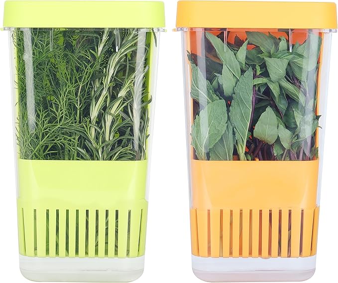 LUVCOSY Fresh Herb Keeper for Refrigerator, Clear BPA-Free Herb Saver, Storage Container for Cilantro, Parsley, Thyme, Mint & Asparagus, Preserver Keeps Fresh Herbs for 3 Times Longer, Green & Orange