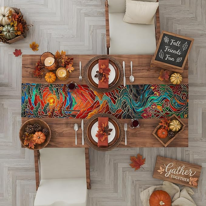 Fall Decor - Stained Glass Table Runner | Fall Decorations for Home | Thanksgiving Table Decor Accessories for Indoor & Outdoor Party Supplies, Thanksgiving Gifts