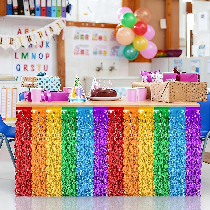 Rainbow Table Skirt, 2Pack Desk Skirts Party Decorations, Colorful Metallic Wavy Tinsel Foil Fringe Table Skirts, Lgbt Rainbow Foil Table Skirt for Birthday Pride Decorations Teacher Pride Month Decor
