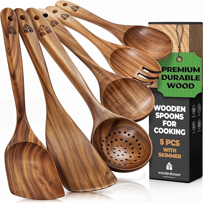 Wooden Spoons for Cooking – Wooden Kitchen Utensils Set, Multipack Teak Wood Utensil Set – Comfortable Grip Non–Stick Wooden Cooking Utensils