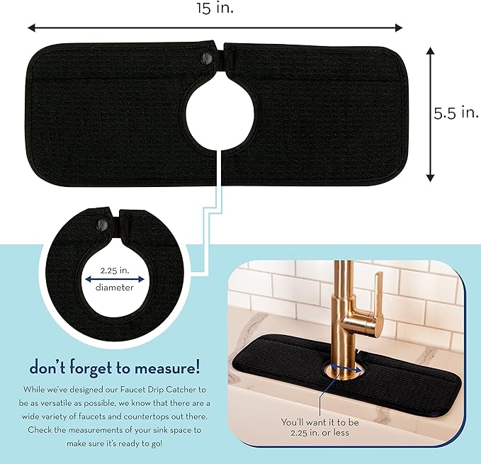 S&T INC. Microfiber Kitchen Faucet Sink Mat Drip and Splash Catcher with Snap Fastener, Absorbent and Reversible, 15 Inch x 5.5 Inch, Black
