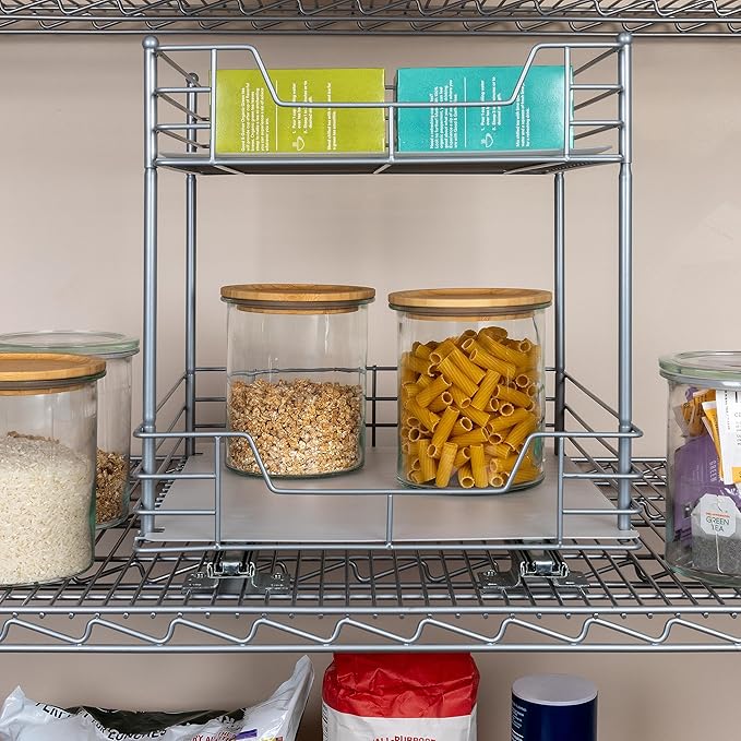 Household Essentials Glidez Steel Pull-Out/Slide-Out Storage Organizer with Plastic Liners for Under Cabinet or Wire Shelf Use - 2-Tier Design - Fits Standard Size Cabinet or Shelf, Brushed Silver