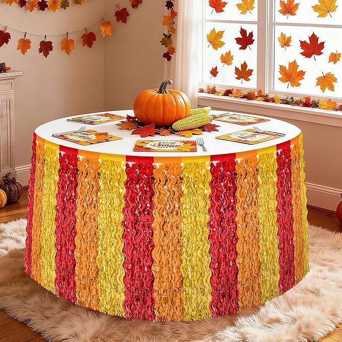 Thanksgiving Table Skirt Decor, 2 Pack Red Orange Gold Desk Skirts Decorations, Metallic Thanksgiving Wavy Tinsel Foil Fringe Table Skirts, Foli Table Skirt for Fall Holiday Party Backdrop Decor