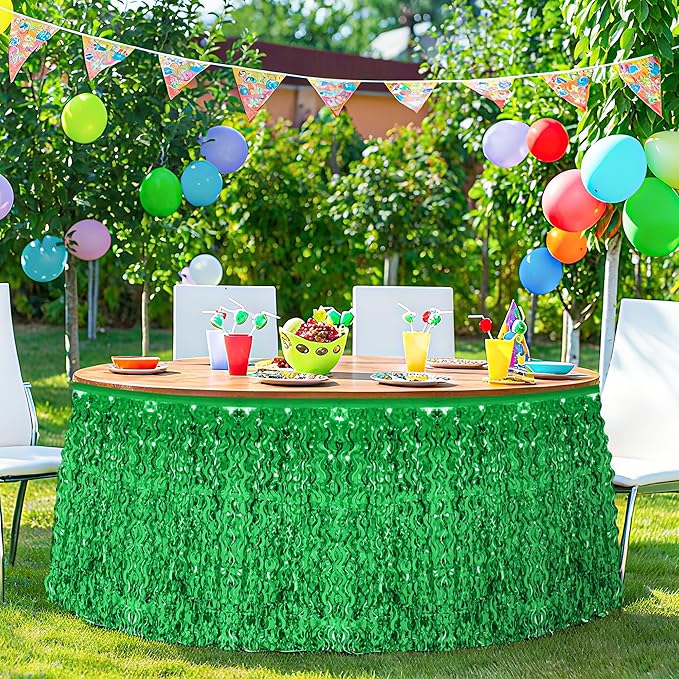 2 Pack Green Table Skirt, St Patrick's Day Foil Grass Table Skirt, Metallic Wavy Tinsel Foil Fringe Table Skirts, Table Skirts for Irish Holiday Saint Patrick Wedding Birthday Valentines Party