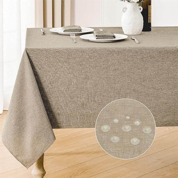 Veblandy 2 Pack Rectangle Tablecloth, 60x84 inch, Water Resistant Wrinkle Free Linen Textured Table Cloth Washable, Decorative Fabric Table Cover for Dining, Party and Camping, Mocha