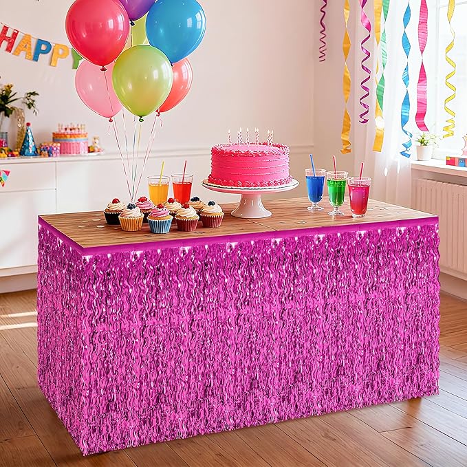 2 Pack Hot Pink Table Skirt Decor, Breast Cancer Awareness Decorations Foil Grass Skirt for Table, Metallic Wavy Tinsel Foil Fringe Table Skirts, Table Foil Skirts Wedding Birthday Valentines Party