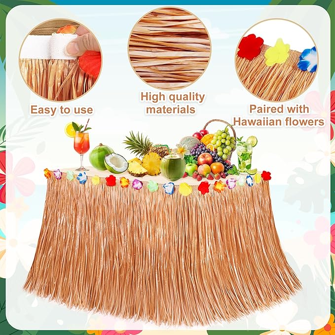 Hawaiian Themed Party Decorations, 2PCS Yellow Luau Party Table Skirt Decorations, 108 X 29.5" Table Skirt Flower Tropical Hula Dance Parties Supplies, Grass Table Skirt for Summer Beach Themed Party