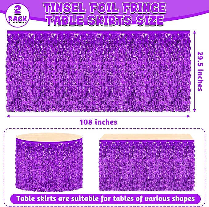 Mardi Gras Table Skirt, 2 Pack Purple Foil Grass Table Skirt, Halloween Metallic Wavy Tinsel Foil Fringe Table Skirts, Table Skirts for Halloween Graduations Mardi Gras Parade Party Decor