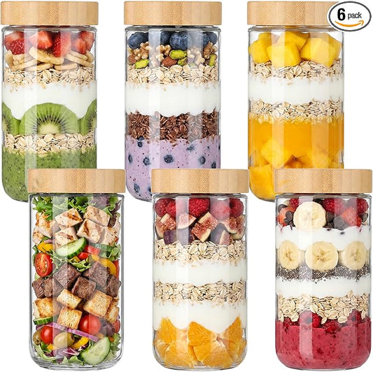 Vtopmart 6 Pack 24oz Glass Overnight Oats Containers with Bamboo Lids, Portable Wide Mouth Glass Jars Leak-proof, Reusable Glass Food Storage Containers for Yogurt Chia Pudding Salad Pickling Snacks