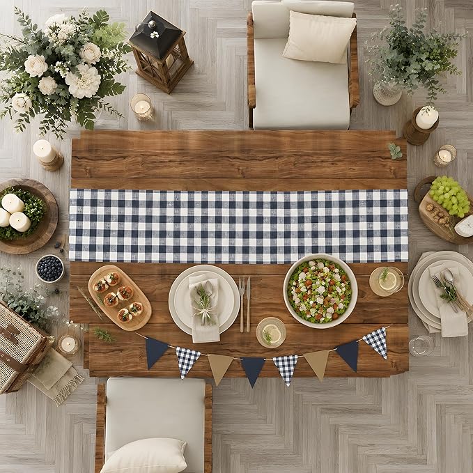 Gingham Table Runner - Blue and White Checkered Table Runner for Baby Shower, Birthday Party, Wedding Decorations | Farmhouse Kitchen Dining Table Decor Party Supplies for Home Indoor Outdoor