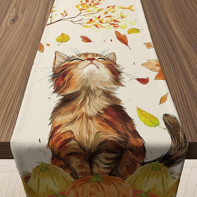Fall Decorations for Home - Cute Autumn Cat Pumpkin Table Runner | Thanksgiving Friendsgiving Decorations for Home Indoor Outdoor - Fall Table Centerpieces Backdrop for Kitchen Dining Room Office