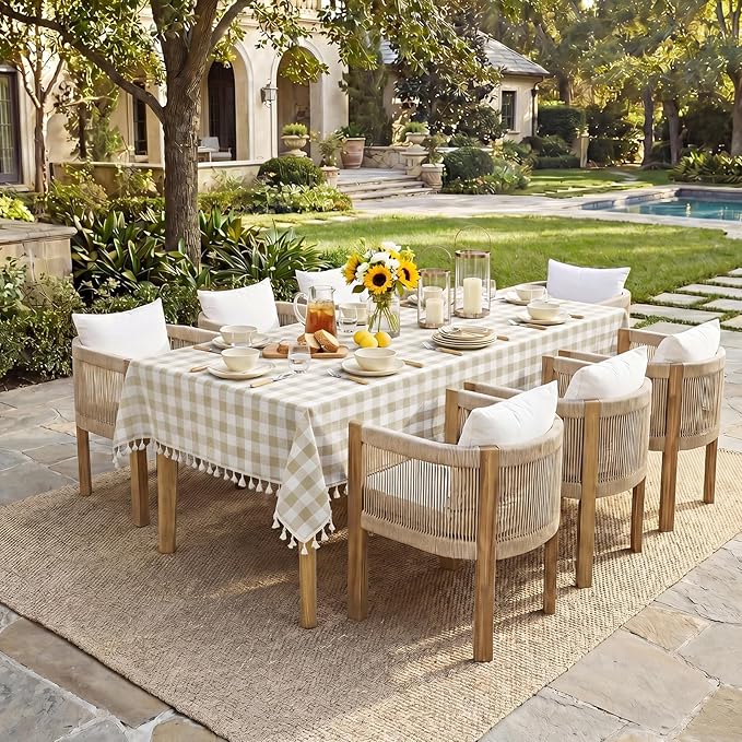Softalker Checkered Tablecloth Rectangle, Outdoor Linen Cotton Gingham Table Cloth with Tassel, Heavy Duty Wrinkle Free Buffalo Plaid Table Cover for Kitchen Dining Summer Party - 55 x 102 Inch, Beige
