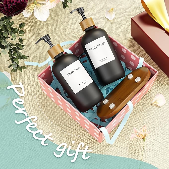 MASADI Black Glass Hand Soap and Lotion Dispenser Set with Tray, Liquid Hand Soap Dispenser and Pump, Bathroom Soap Dispenser Set, Bamboo Bathroom Accessories & Modern Bathroom Deco