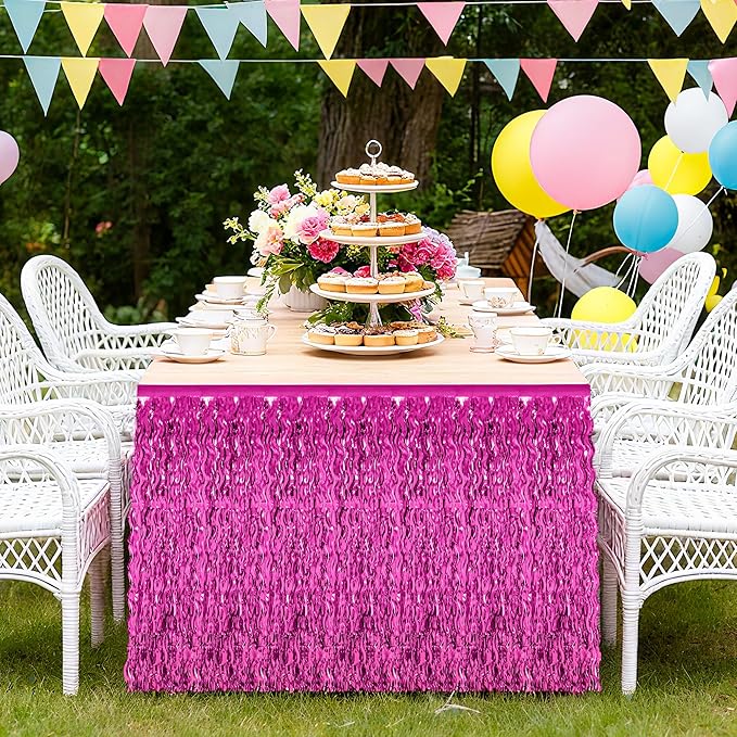 2 Pack Hot Pink Table Skirt Decor, Breast Cancer Awareness Decorations Foil Grass Skirt for Table, Metallic Wavy Tinsel Foil Fringe Table Skirts, Table Foil Skirts Wedding Birthday Valentines Party