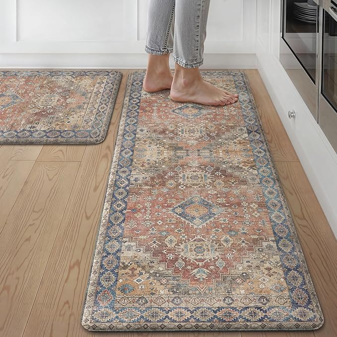 GENIMO Kitchen Mats for Floor, 2PCS Kitchen Rugs Non Slip Washable, Waterproof Anti Fatigue Mat, Comfort Standing Runner Rug for Sink, Office, Laundry, Home, 20"x32"+20"x48", RetroBrick