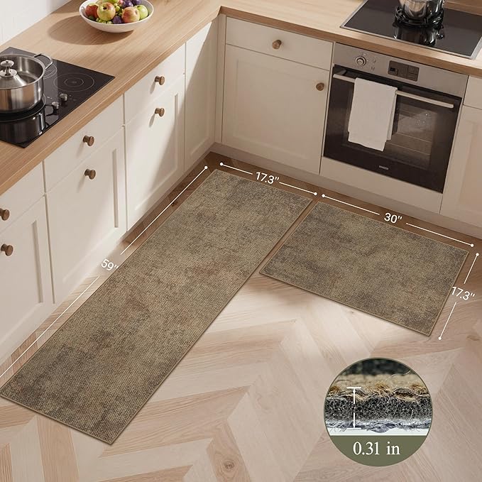 GENIMO Kitchen Mats for Floor 2PCS, Washable Absorbent Runner Rugs for Kitchen, 17.3"x59"+17.3"x30" Jute rug, Cushioned Non Slip Kitchen Rugs for Kitchen Floor,Standing Mat Rug for Home, Sink, Laundry