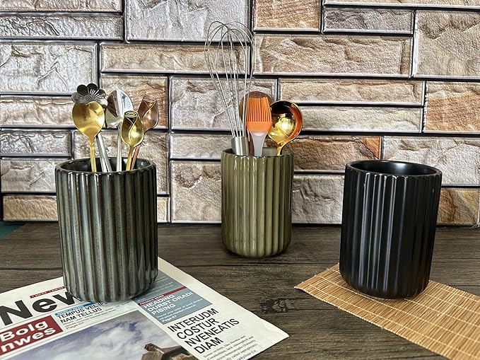 TOPYOKK Stoneware Coffee Bar Utensil Holder Tea & Coffee Spoon & Stirrer Holder for Stir Stick Straw Teaspoon Holder Spoon Cup Small Utensil Jar Fluted Vertical Stripe (Retro Green)