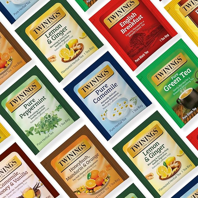 Twinings 48 Tea Bags Herbal Variety Pack – 8 Flavors Individually Wrapped, Mix of Black, Green, and Herbal Teas, Perfect Tea for Any Occasion
