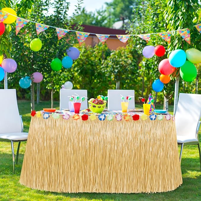 Luau Party Decorations, Natural Hawaiian Grass Table Skirt, Flower 108 X 29.5" Grass Skirts Tropical Luau Party Favors, Table Skirt for Luau Summer Tropical Indoor Outdoor Parties Decor Accessories