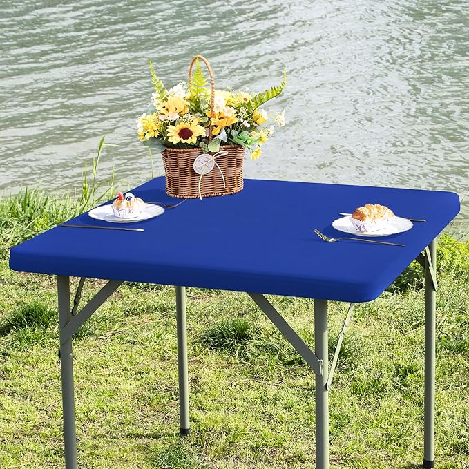 Square Fitted Table Cover Elastic Tablecloth Stretch Spandex Table Top Cover Table Topper Cap for Dining Kitchen Home Party Blue 36X36 Inch