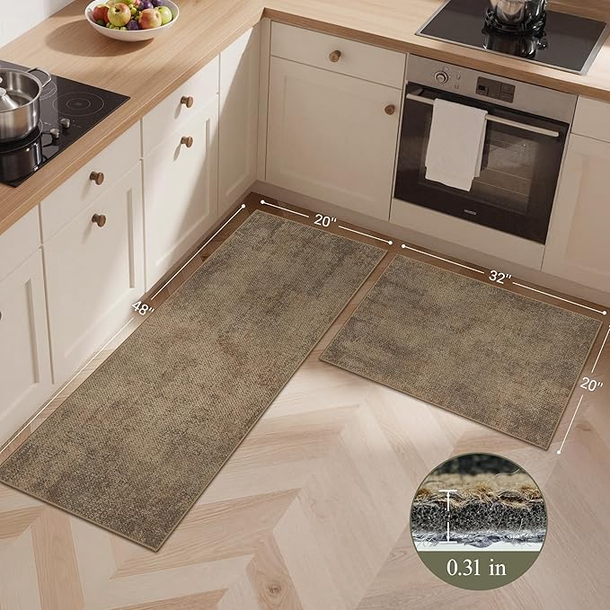 GENIMO Kitchen Mats for Floor 2PCS, Washable Absorbent Runner Rugs for Kitchen, 20"x48"+20"x32" Jute Rug, Cushioned Non Slip Kitchen Rugs for Kitchen Floor, Standing Mat Rug for Home, Sink, Laundry