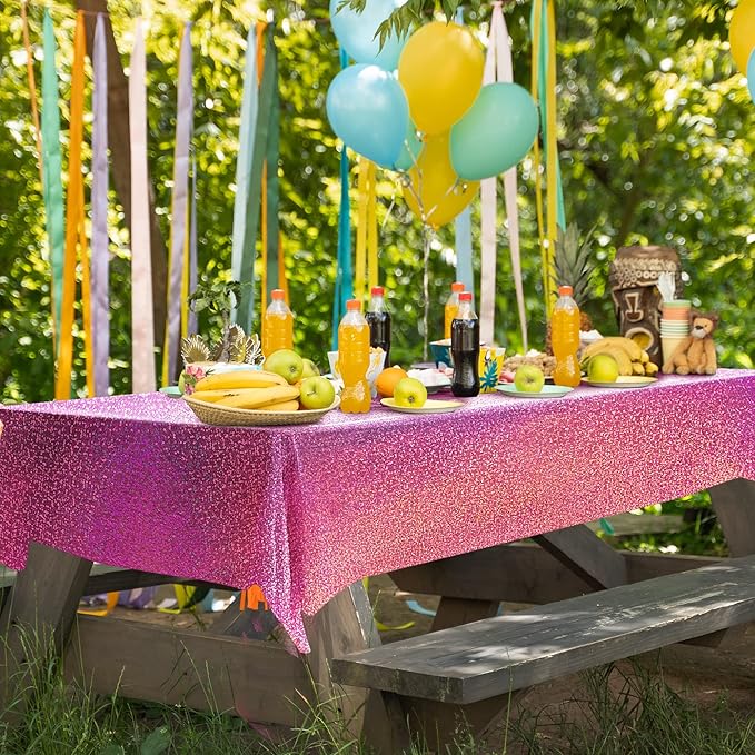 Pink & Fuchsia Red Holographic Tablecloth 40" x 108" Hot Pink Party Decoration Valentine's Day Birthday Party Table Decor Iridescence Plastic Table Cloth for Baby Shower Bachelorette Supplies