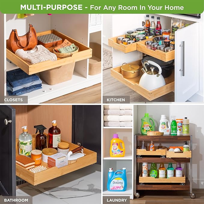 HOLDN’ STORAGE Bamboo Wooden Pull out Cabinet Organizer 24"W x 21"D Requires At Least a 25.25"W x 21"D Cabinet Opening W/Lifetime Limited Warranty, Bamboo Tray and Heavy Gauge Metal Rails