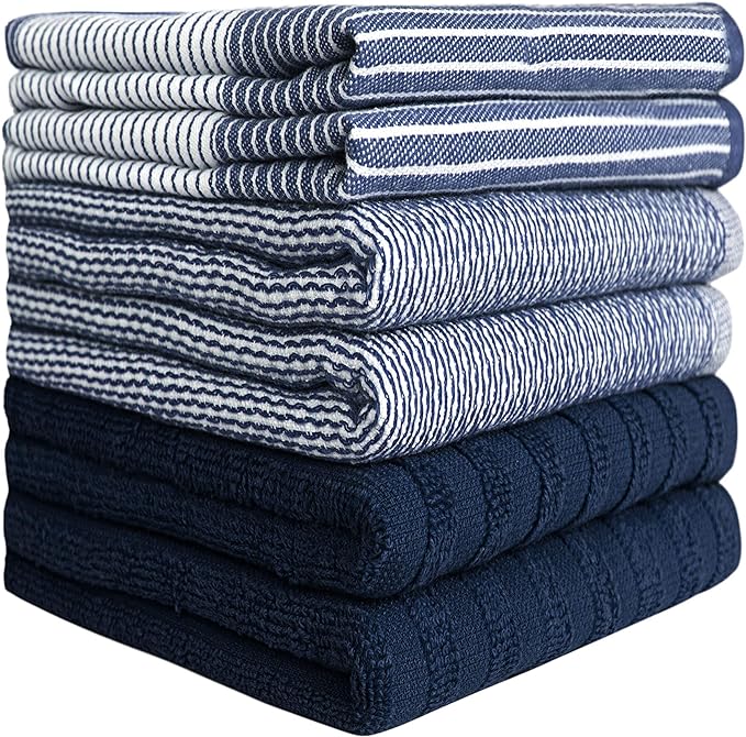Premium Kitchen Towels (20”x 28”, 6 Pack) | Large Cotton Dish Towels | Flat & Terry Highly Absorbent Kitchen Linen Set with Hanging Loop | Navy Blue