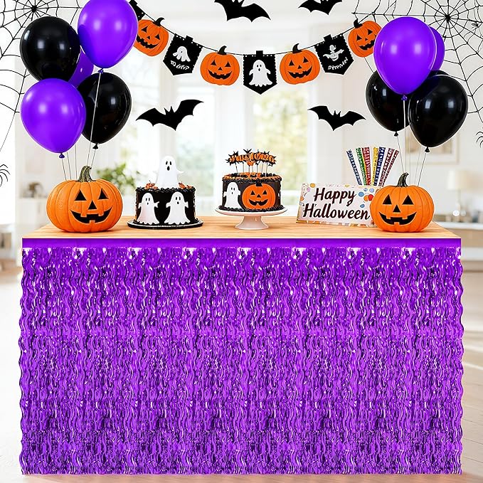 Mardi Gras Table Skirt, 2 Pack Purple Foil Grass Table Skirt, Halloween Metallic Wavy Tinsel Foil Fringe Table Skirts, Table Skirts for Halloween Graduations Mardi Gras Parade Party Decor