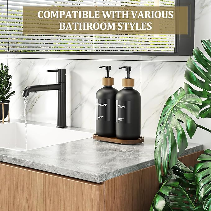 MASADI Black Glass Hand Soap and Lotion Dispenser Set with Tray, Liquid Hand Soap Dispenser and Pump, Bathroom Soap Dispenser Set, Bamboo Bathroom Accessories & Modern Bathroom Deco