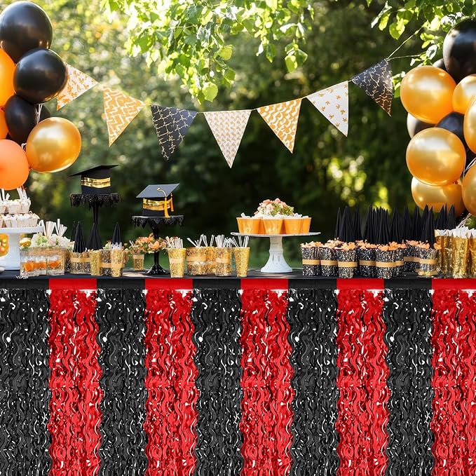 2 Pack 2026 Graduation Party Decorations Desk Skirt, Red Black Desk Grass Skirt for Table, Grad Metallic Wavy Tinsel Foil Fringe Table Skirts, Foil Table Skirt for Birthday Party Class of 2026 Decor