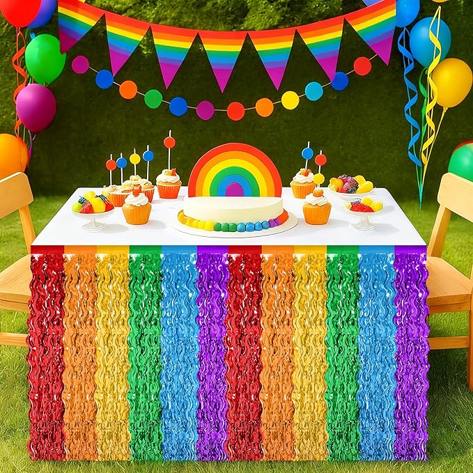Rainbow Table Skirt, 2Pack Desk Skirts Party Decorations, Colorful Metallic Wavy Tinsel Foil Fringe Table Skirts, Lgbt Rainbow Foil Table Skirt for Birthday Pride Decorations Teacher Pride Month Decor