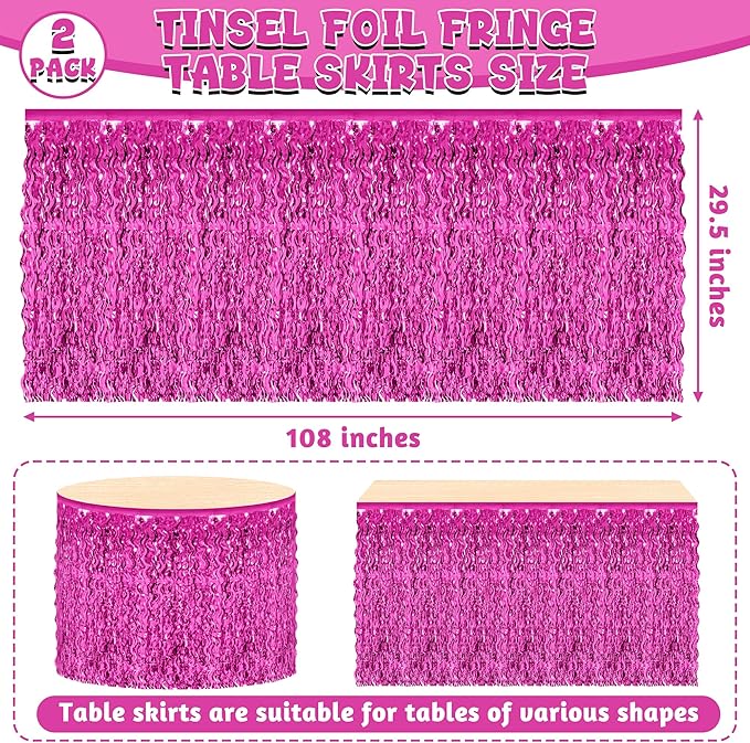 2 Pack Hot Pink Table Skirt Decor, Breast Cancer Awareness Decorations Foil Grass Skirt for Table, Metallic Wavy Tinsel Foil Fringe Table Skirts, Table Foil Skirts Wedding Birthday Valentines Party