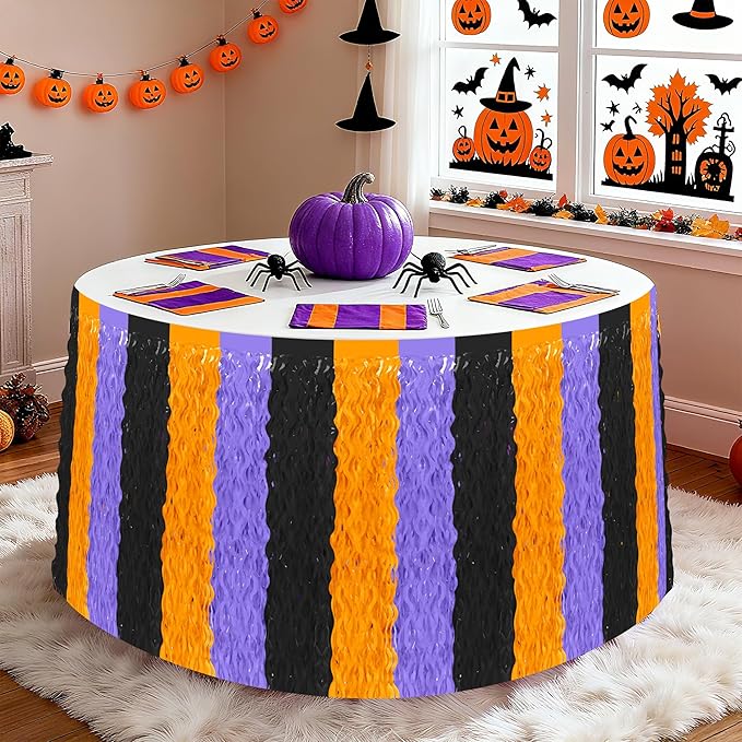 Halloween Table Skirts Decor, 2 Pack Black Orange Purple Desk Skirts Party Decorations, Halloween Wavy Tinsel Foil Fringe Table Skirts, Foil Favors for Indoor Party Backdrop Supplies