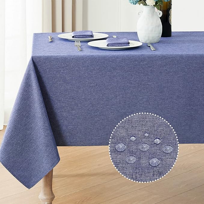 Veblandy Rectangle Tablecloth Linen Textured Waterproof & Stain Resistant Table Cloth Wrinkle Free Decorative Fabric Farmhouse Table Cover for Dining/Party/Buffet/Wedding, 60 x 104 Inch, Demin Blue