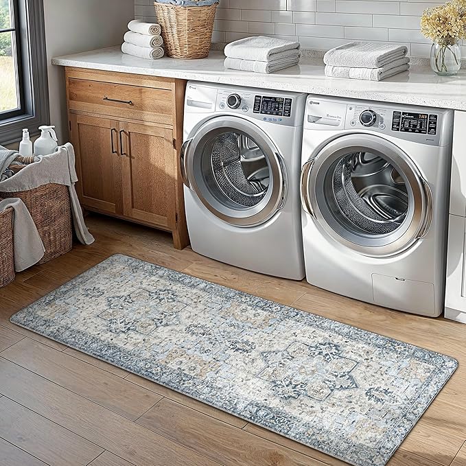 GENIMO Kitchen Mats for Floor 2PCs, Washable Anti Fatigue Mat for Cushioned, 17.3"x47"+17.3"x30", 0.4 inch, Waterproof Kitchen Rug, Non Slip Standing Mat for Home, Runner, Office, Laundry, Light Blue