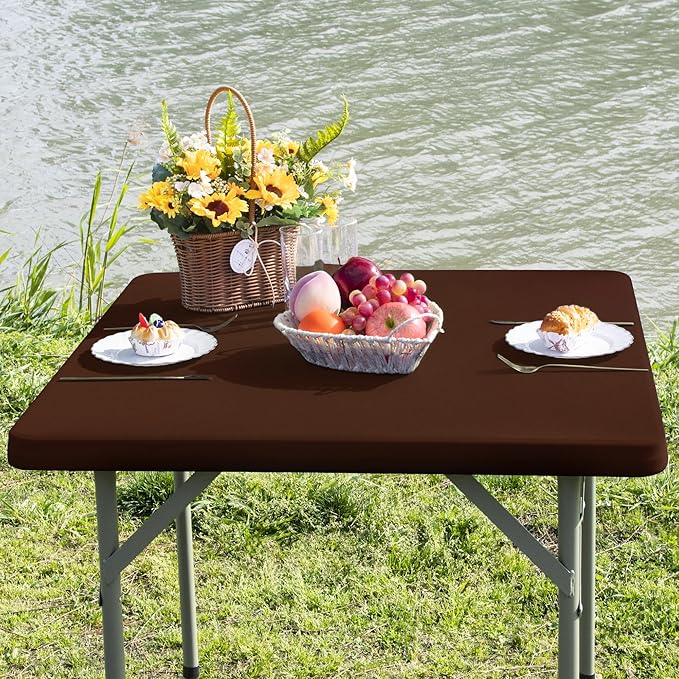 Square Fitted Table Cover Elastic Tablecloth Stretch Spandex Table Top Cover Table Topper Cap for Dining Kitchen Home Party Brown 34X34 Inch