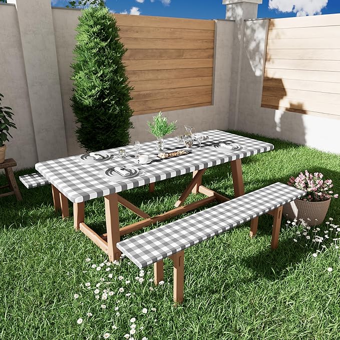 Smiry Picnic Table Cloth 2 Pack, Waterproof Elastic Fitted Tablecloths for 4FT Rectangle Tables, Washable Polyester Buffalo Plaid Tablecloth for Camping, Dining & Outdoor (Grey & White, 30" x 48")