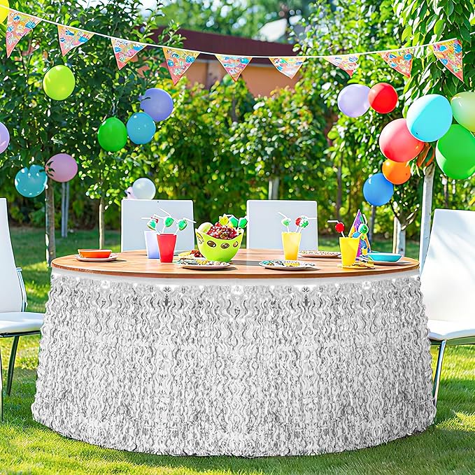 2 Pack Silver Desk Skirt, Metallic Grass Skirt for Table, Birthday Wavy Tinsel Foil Fringe Table Skirts, Foil Table Skirts for Christmas Wedding Birthday Indoor Party Celebrations Decor