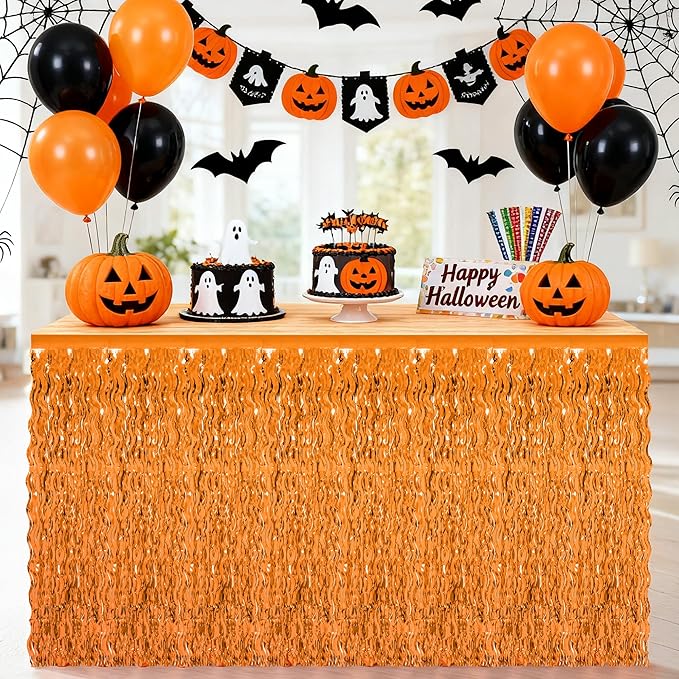 2 Pack Halloween Table Skirt Decor, Orange Fall Foil Grass Skirt for Table, Metallic Wavy Tinsel Foil Fringe Table Skirts, Table Curtain Skirts Thanksgiving Graduations Wedding Birthday Indoor Party