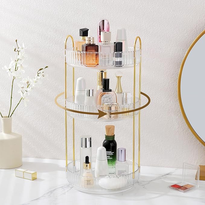 Aveniee Crystal Three-Layer 360° Rotating Cosmetic Stand, Premium Solid Metal Pole Sturdy Construction, Translucent Revolving Beauty Storage Unit for Vanity, Sink or Bathroom Shelf, White
