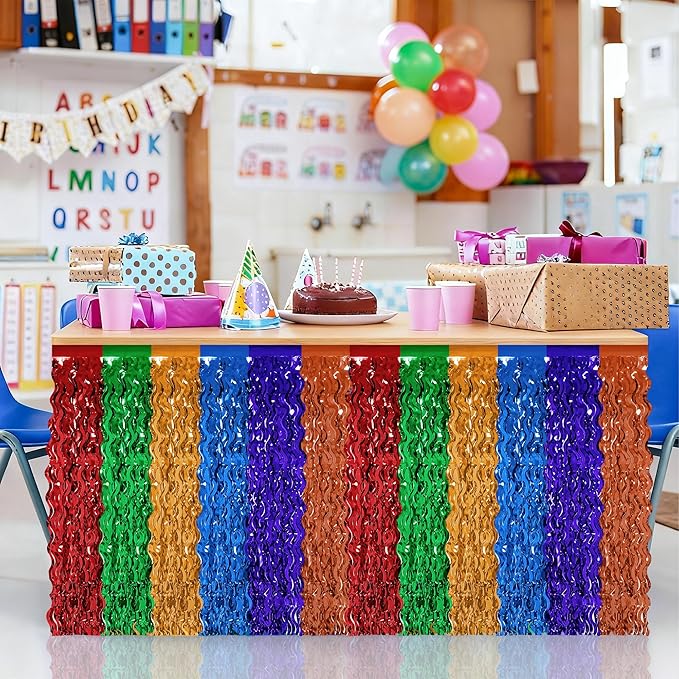 Cinco De Mayo Decorations, 2 Pack Fiesta Table Skirts Supplies for Fiesta Party Decorations, Mexican Theme Metallic Wavy Tinsel Foil Fringe Table Skirts for Photo Booth Props Birthday Table Decor
