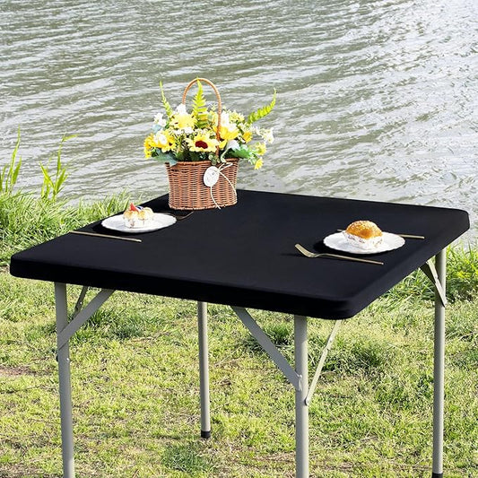 Square Fitted Table Cover Elastic Tablecloth Stretch Spandex Tables Top Cover Table Topper Cap for Dining Kitchen Home Party Black 34X34 Inch